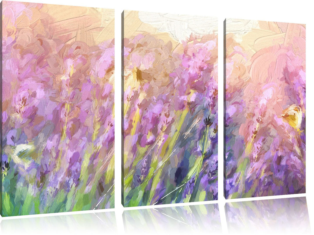 Pixxprint Schmetterlinge auf Lavendelblumen als Leinwandbild/Grösse: 3 Teilig (120x80 cm) cm/Wandbil