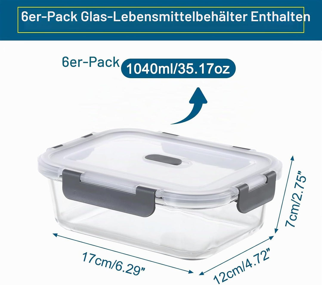 Glasbehälter mit Deckel 12 Stück(6 Behälter + 6 Deckel) - Frischhaltedosen Glas mit Deckel Mikrowell