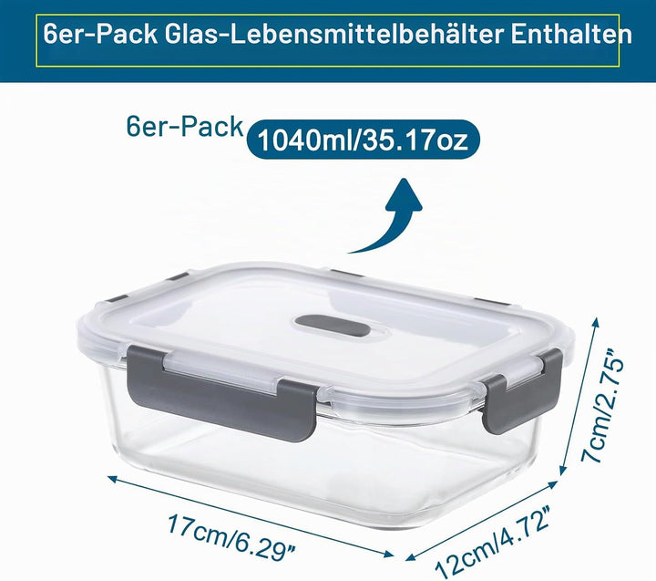Glasbehälter mit Deckel 12 Stück(6 Behälter + 6 Deckel) - Frischhaltedosen Glas mit Deckel Mikrowell