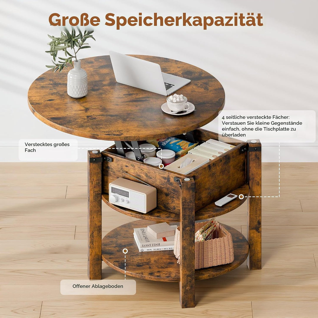 ELUCHANG Couchtisch Rund mit Hebeplatte, Couchtisch Höhenverstellbarer 2 in 1, Beistelltisch Wohnzim