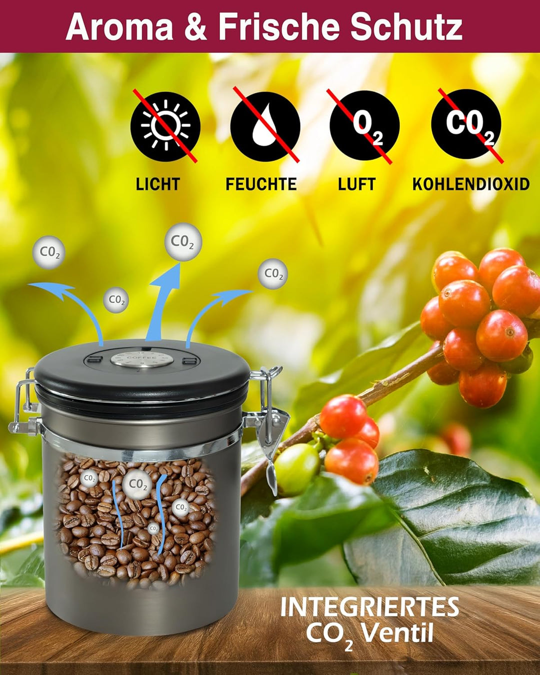 Kaffeedose luftdicht 500g - Gun Metal - Kaffeebohnen Vorratsbehälter 1,5L aus Edelstahl mit Kalender