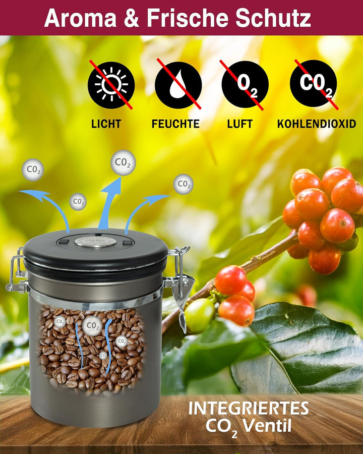 Kaffeedose luftdicht 500g - Gun Metal - Kaffeebohnen Vorratsbehälter 1,5L aus Edelstahl mit Kalender