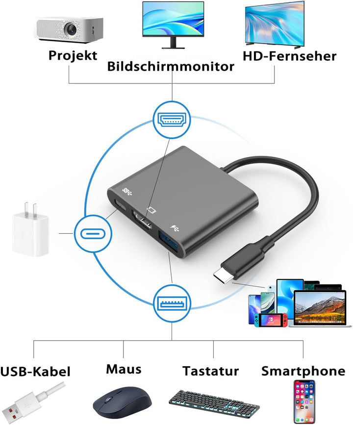 VVG USB C to 4K HD.MI Adapter for MacBook Pro/Air, 3 in 1 USB-C Digital AV Multiport Adapter with 4K