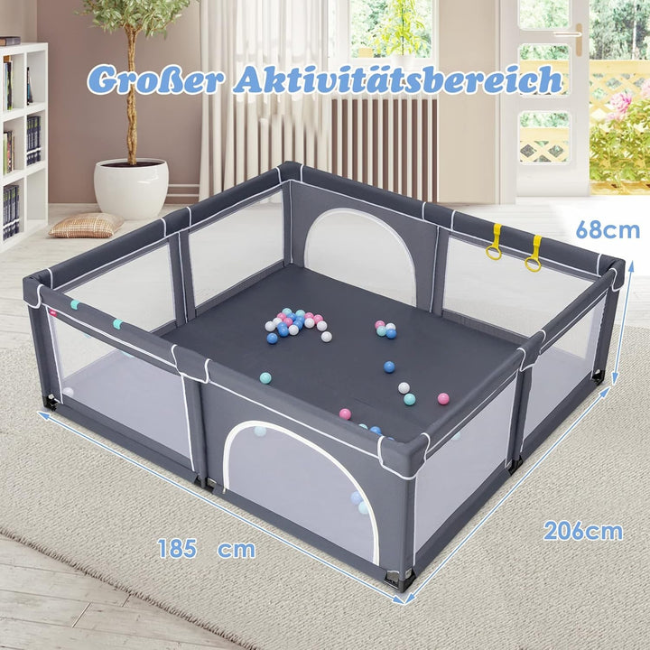 DREAMADE 206 X 185CM Laufstall Baby, Laufgitter mit 50 Bällen & 4 Griffe, Schutzgitter mit 2 Türen,