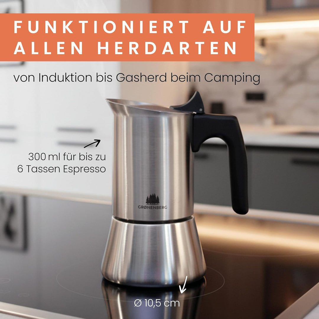 Groenenberg Espressokocher Induktion + Reduziersieb I Edelstahl Mokkakanne 4 oder 6 Tassen Espresso