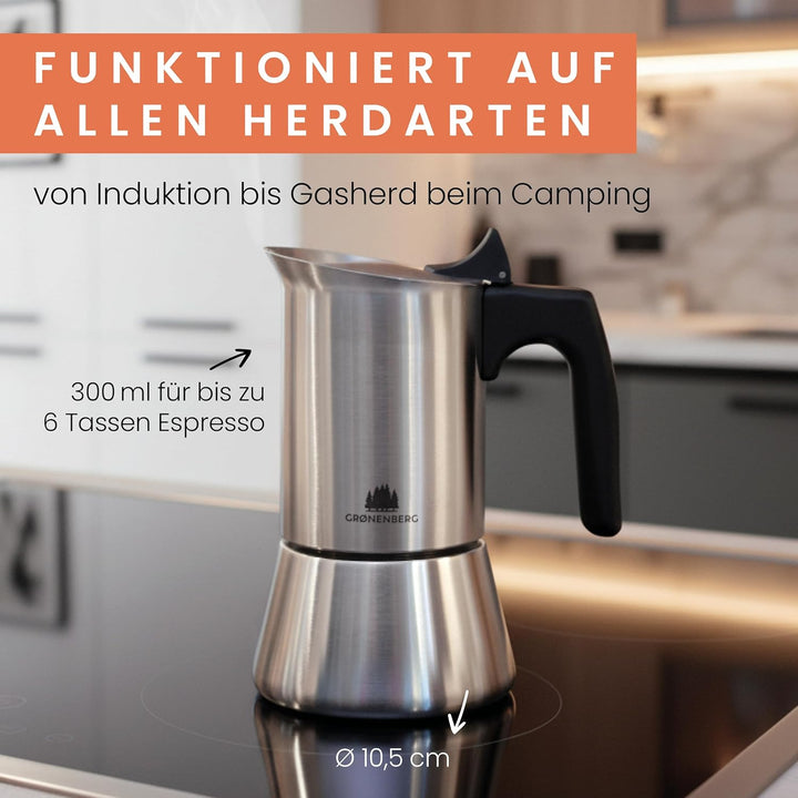 Groenenberg Espressokocher Induktion + Reduziersieb I Edelstahl Mokkakanne 4 oder 6 Tassen Espresso