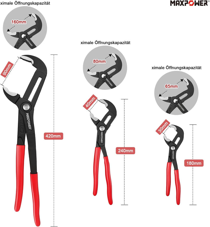 MAXPOWER Wasserpumpenzange Set, 3 tlg. Rohrzange 180 mm / 240 mm / 420 mm aus CR-V Stahl, Feinverste