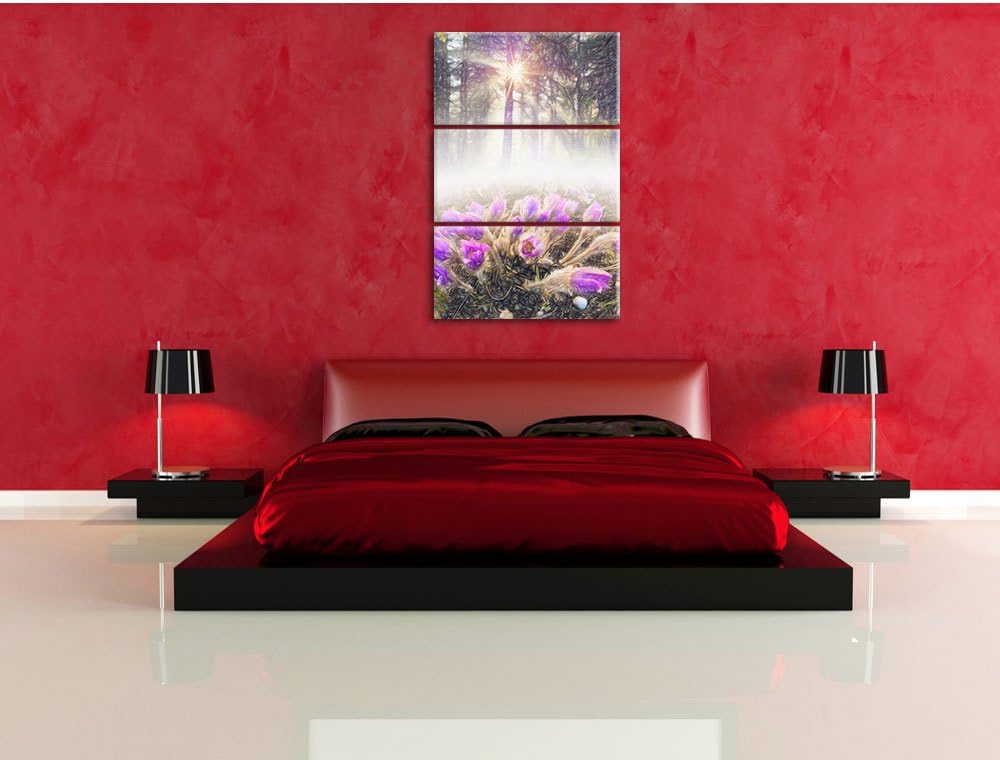 Pixxprint blühende lila Blumen im Wald Kunst Buntstift Effekt 3-Teiler Leinwandbild 120x80 Bild auf