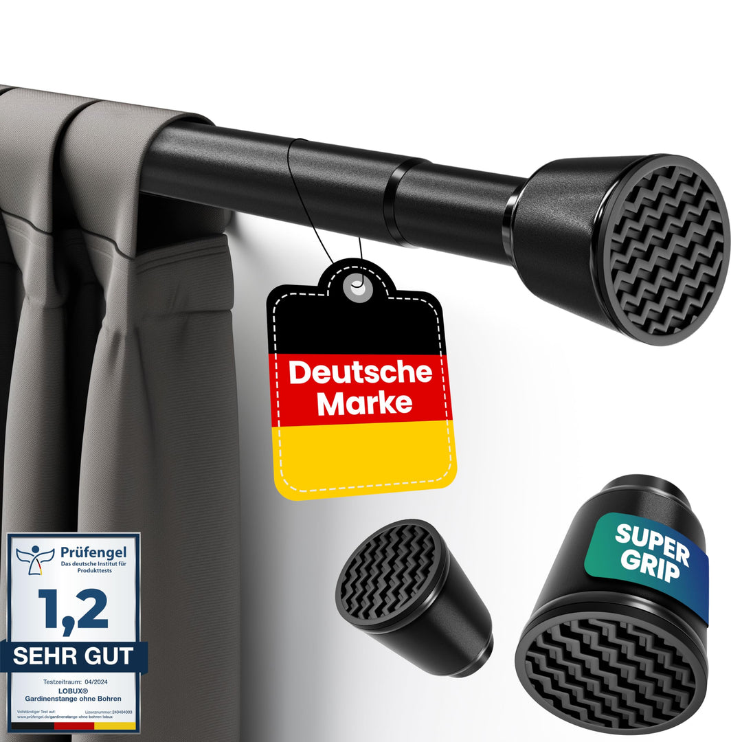 LOBUX® - Gardinenstange ohne bohren [schwarz, 210-300cm] – Teleskopstange Vorhang ausziehbar – Dusch