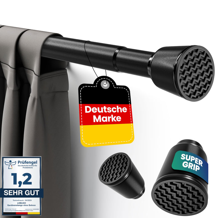 LOBUX® - Gardinenstange ohne bohren [schwarz, 210-300cm] – Teleskopstange Vorhang ausziehbar – Dusch