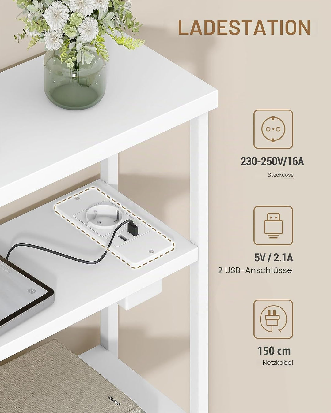Hzuaneri Beistelltisch Schmal, 4-Stufiger Beistelltisch Couch mit Zeitschriftenhalter und Ladesteckd
