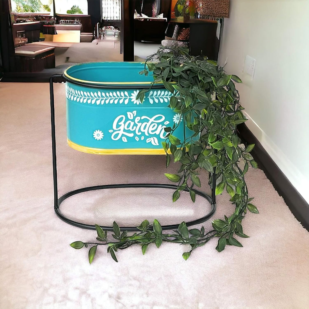 DanDiBo Blumenhocker mit Topf Metall Stehend Blau Oval 27 cm Blumenständer 96526 M Blumensäule Moder