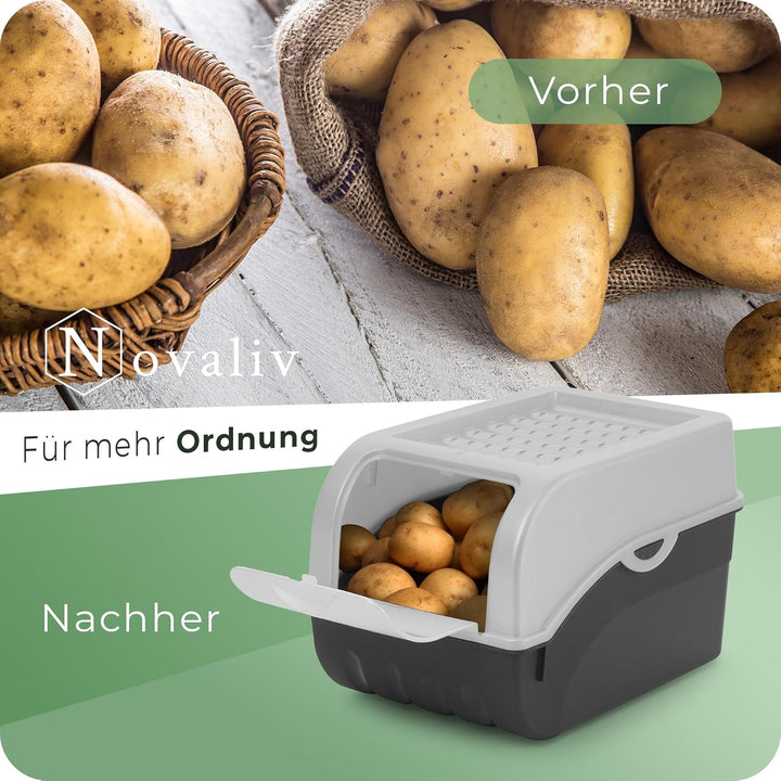 Novaliv Kartoffel Aufbewahrungsboxen Set | 3,5L + 5L + 9L | GRAU | Kartoffelboxen | Gemüseboxen stap