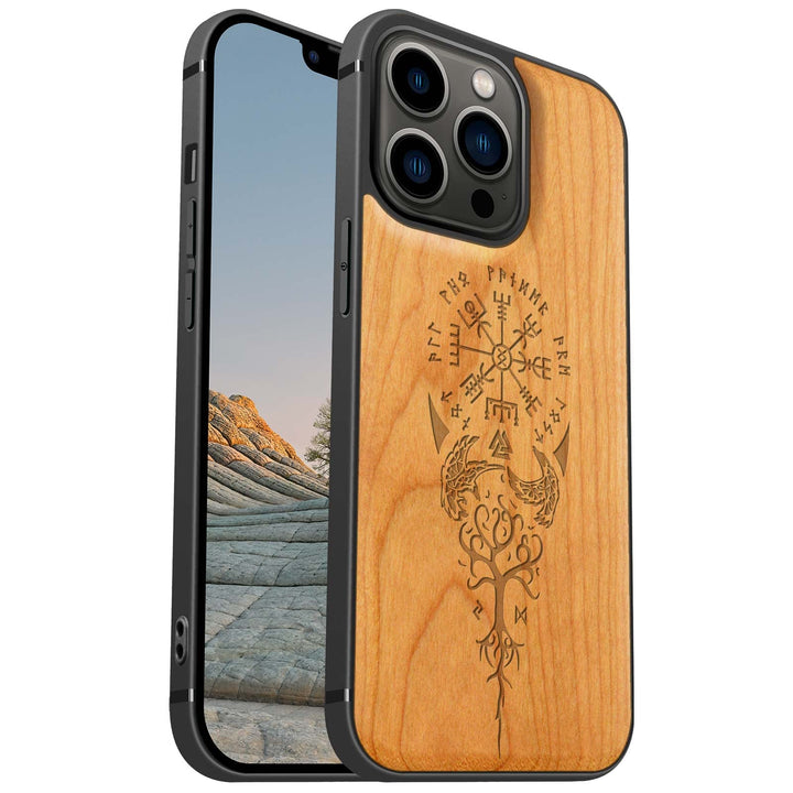 Carveit Magnetisch Hülle für iPhone 13 Pro Case [Elegante Kirschholz] [Weich TPU Stossstange] Stossf