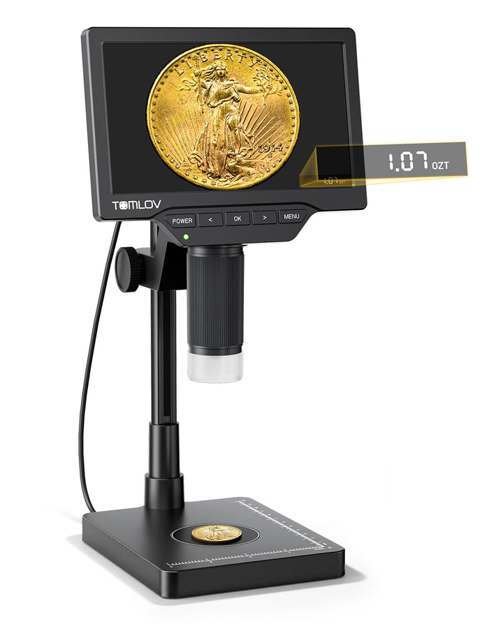 TOMLOV DM4W Max 7" IPS Digital Mikroskop mit Waage, Münzvollansicht | 0,1g Präzision, g/oz/ct/ozt, 1
