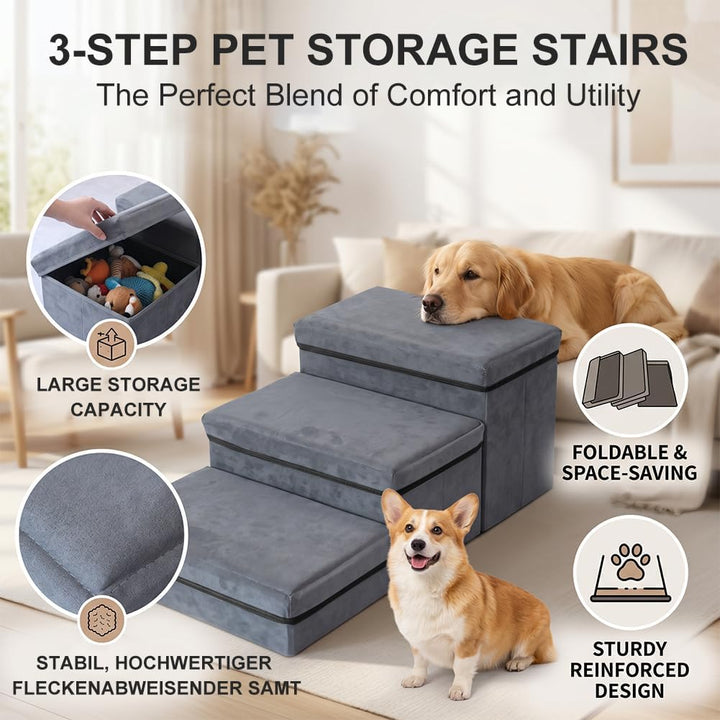 Haustiertreppe, Treppenstufen Matten mit Stauraum, Hundetreppe Klappbar, Maximale Tragfähigkeit 50 k