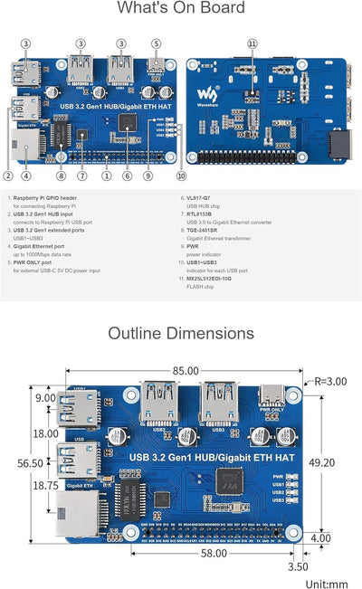 USB 3.2 Gen1 and Gigabit Ethernet HUB HAT for Raspberry Pi Series Board, 3X USB 3.2 Gen1, 1x Gigabit