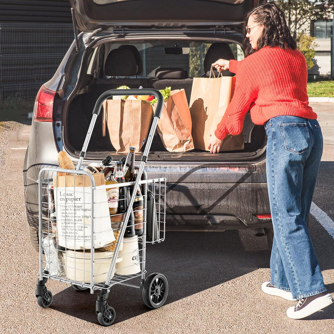 GYMAX Klappbarer Einkaufstrolley belastbar bis zu 20 kg, tragbarer Einkaufswagen mit Doppelkorb 48L+