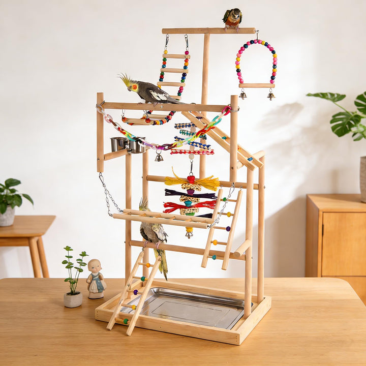 TOOSOAR Vogelspielplatz aus Holz,mit Edelstahl-Feeder-Cup,Bunte Kunststoffkette für Haustiere,für Pa