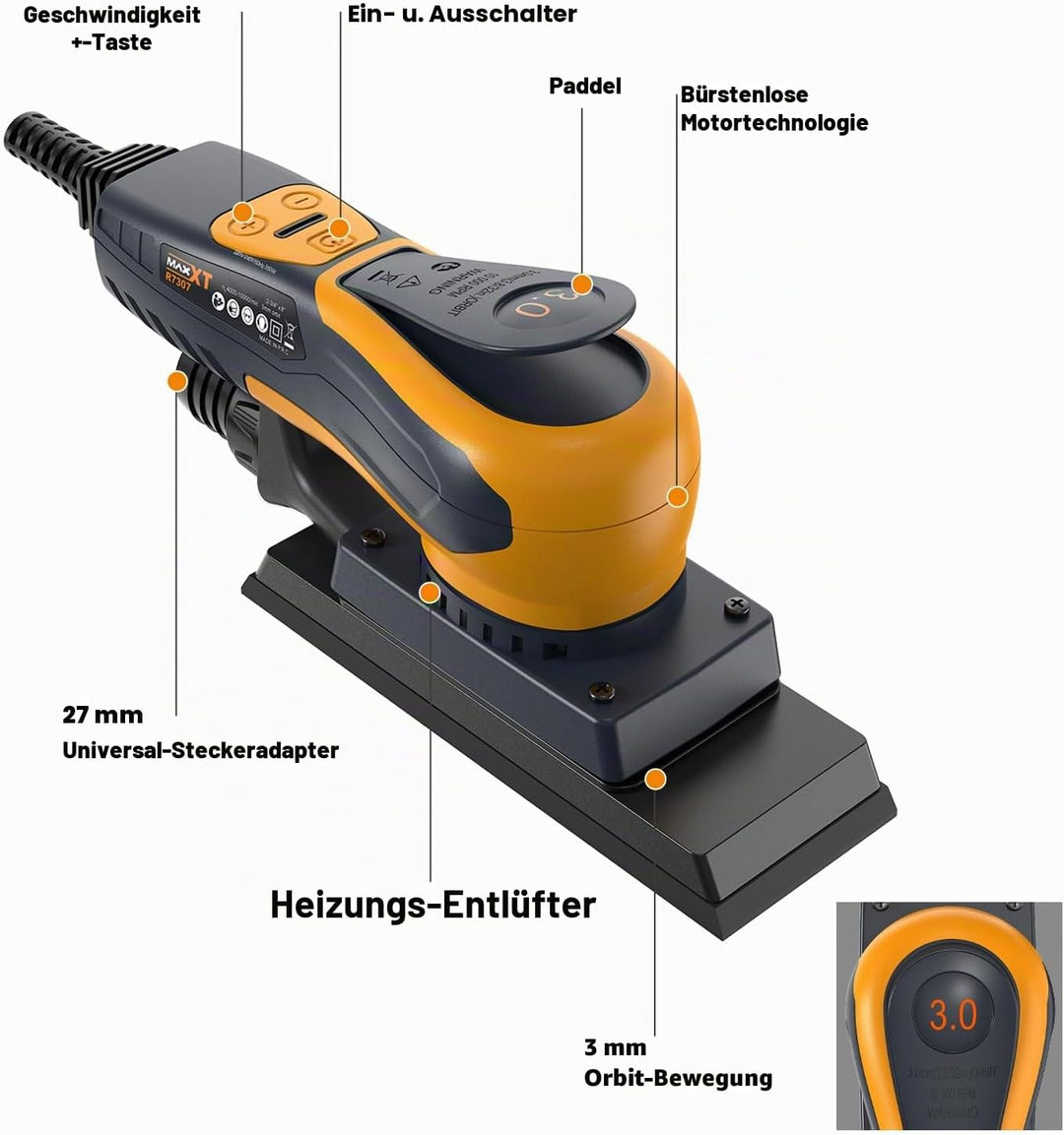 Bürstenlose Elektroschleifer 3.0 MAXXT 350W, einstellbare Geschwindigkeit 4000-10000/Umin, automatis