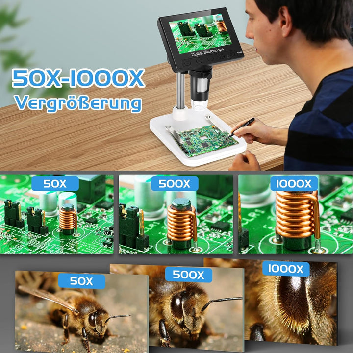 WADEO 4,3 Zoll LCD Digital Mikroskop 1000X, Tragbares Mikroskop für Kinder, USB Digitalmikroskop mit