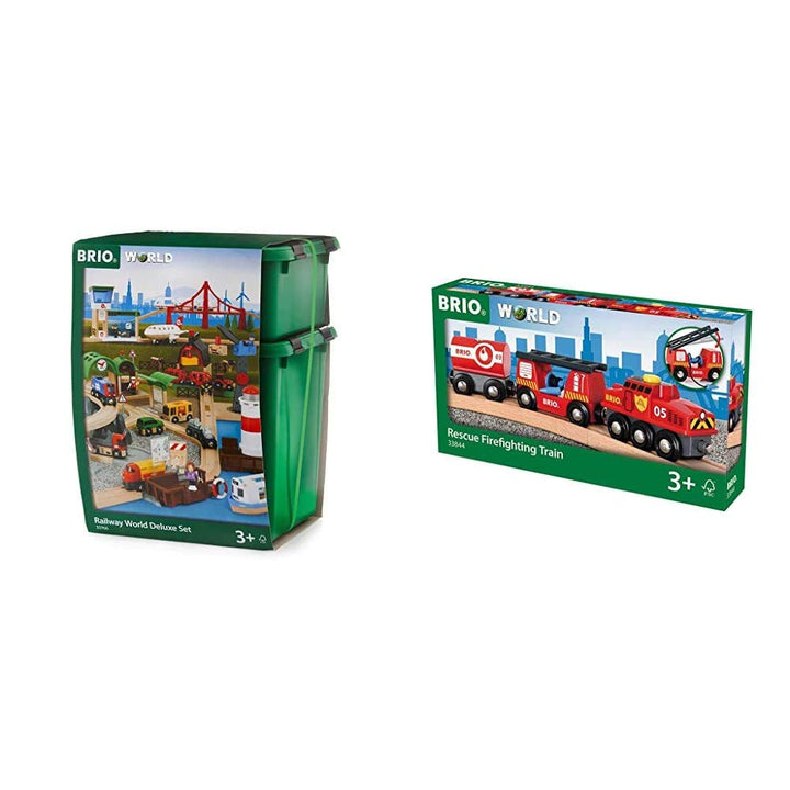 BRIO Bahn 33766 - Grosses Premium Set in Kunststoffboxen & World 33844 Feuerwehr-Löschzug – Feuerweh