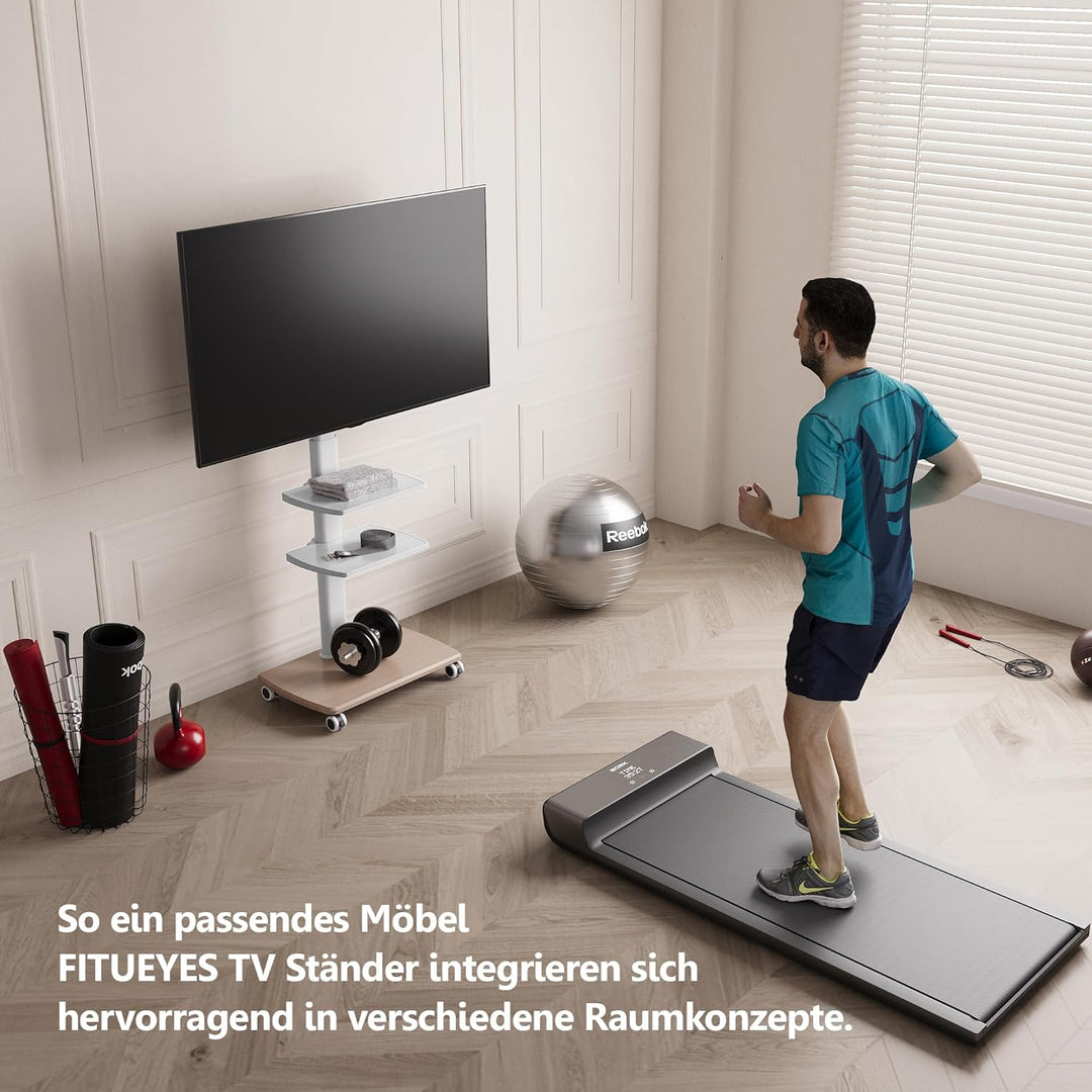 FITUEYES TV Bodenständer Rollbar mit 3 Ablagen TV Standfuss TV Ständer Fernsehstand mit Rollen höhen