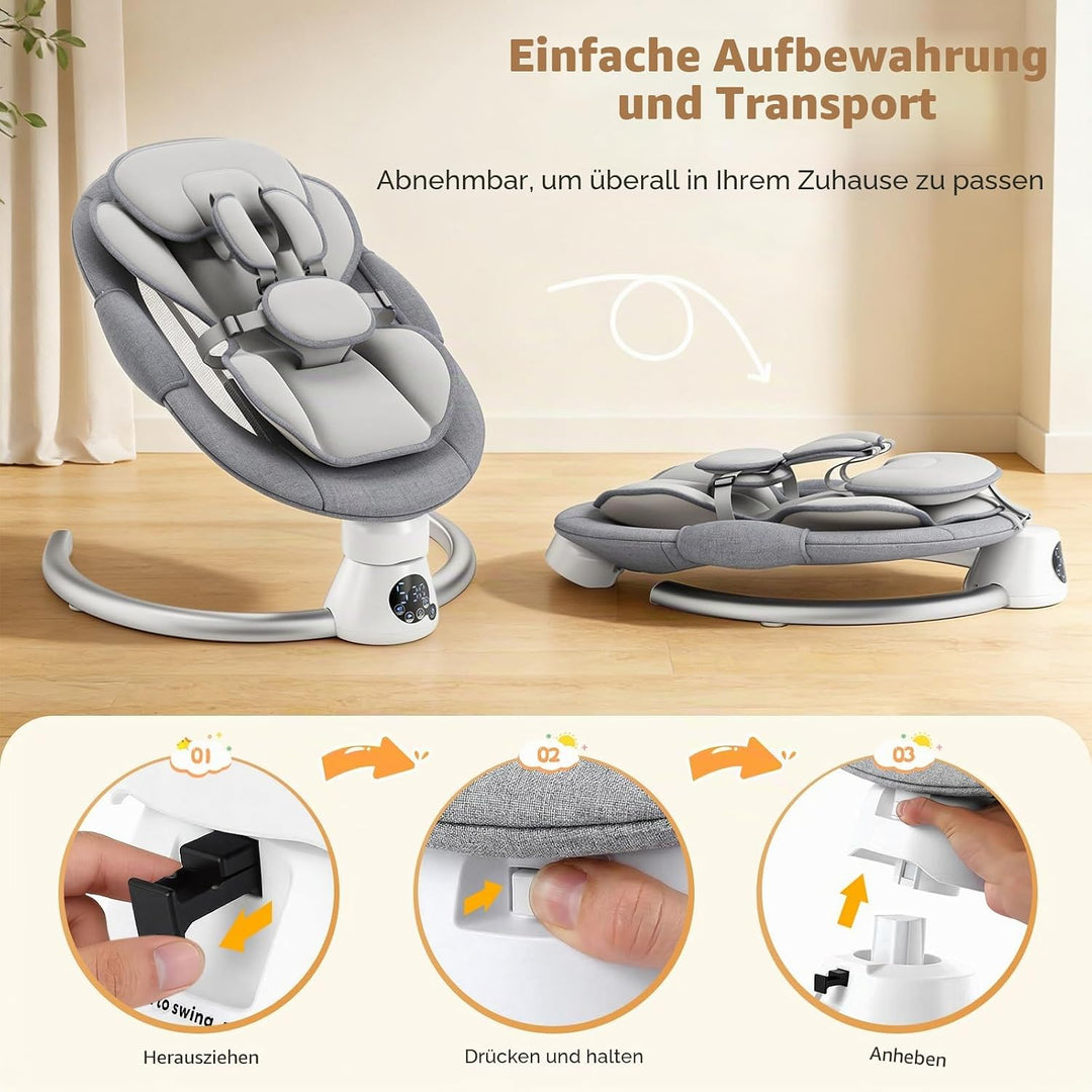 Babywippe Elektrisch mit Fernbedienung und App-Steuerung, 5 Schaukelgeschwindigkeiten, 3 Timer, 11 I