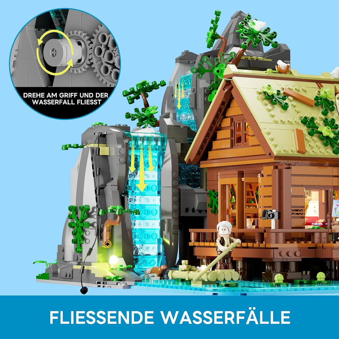 Lumibricks Waterfall Cabin Bauset mit Licht – 2539 Teile Retro Holzhaus mit beweglichem Wasserfall &
