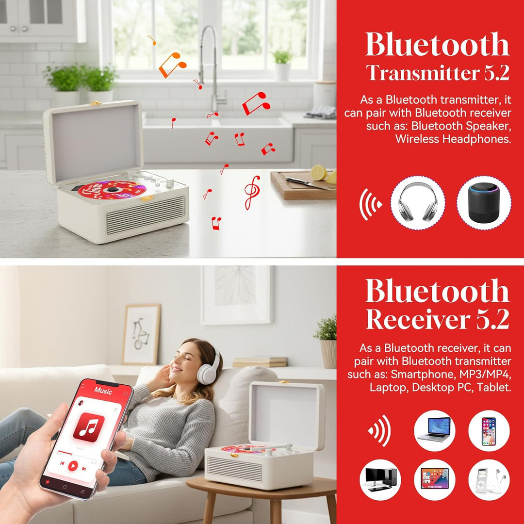 Gueray Tragbarer Bluetooth CD-Player mit Lautsprechern 3600mAh Wiederaufladbarer Vintage CD Spieler