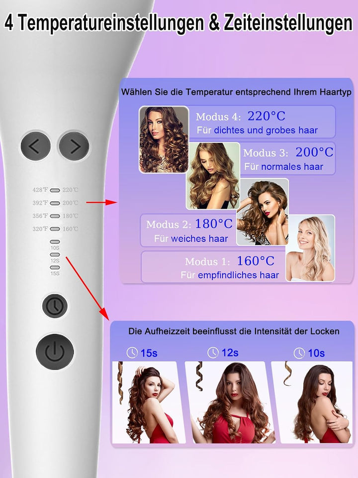 Automatischer Lockenstab mit 3 Zeit- &amp; 4 Temperaturstufen, Salonqualität für alle Haartypen (Weiss)