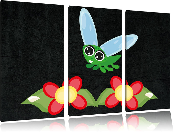 Pixxprint süsse Libelle mit Blumen als Leinwandbild/Grösse: 3 Teilig (120x80) cm/Wandbild/Kunstdruck