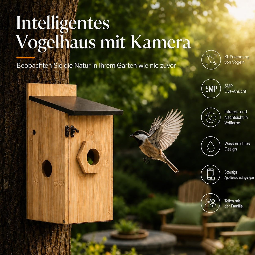 Vogelhaus mit Kamera, 5MP HD Nistkasten für draussen, 2,4G WiFi & App Benachrichtigung, Beobachten S