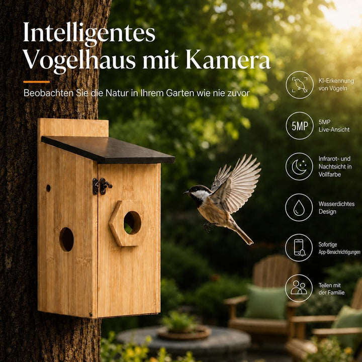 Vogelhaus mit Kamera, 5MP HD Nistkasten für Draussen mit Solarpanel Wetterfest, 2,4G WiFi und Nachts