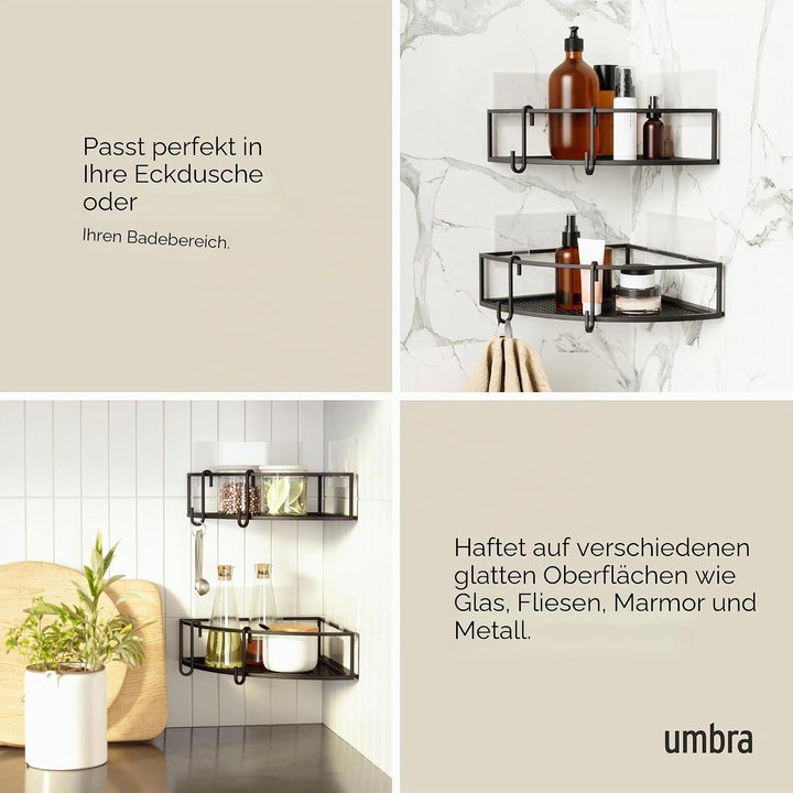 Umbra Cubiko Eckregale, Duschablage ohne Bohren mit Haken, Schwarz, 2er-Set Schwarz Eckregal, Schwar