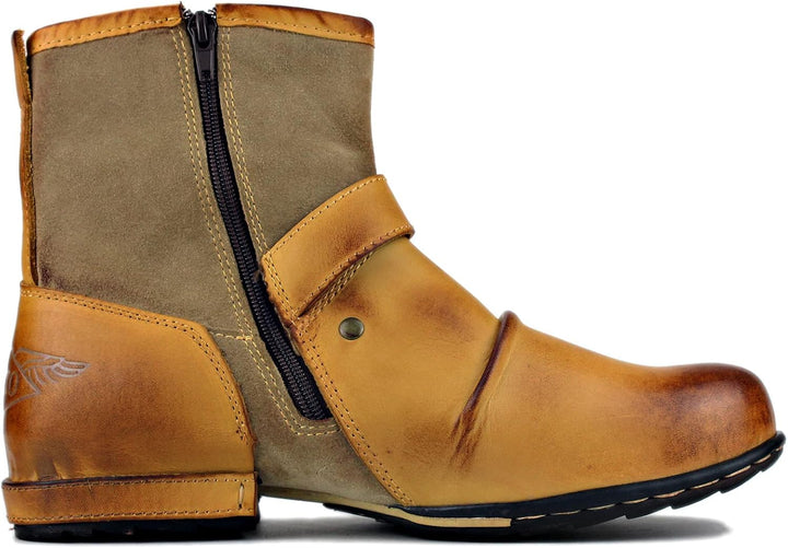COWSDELLA Herren Stiefel aus Leder Rindsleder mit Gummisohle Biker Motorrad Boots mit Reissverschlus