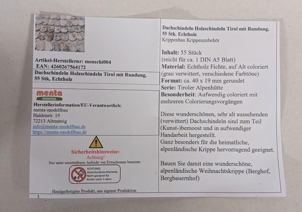 menta-modellbau Dachschindeln Tirol mit Rundung, 55 Stück Krippenbau Krippenzubehör Holzschindeln