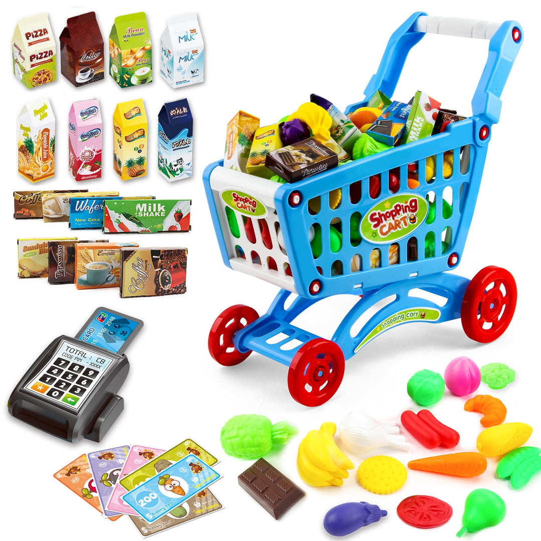 deAO Kinder Einkaufswagen Spielset Gefüllt mit 65 Kuststofflebensmitteln Spielzeug für Jungen und Mä