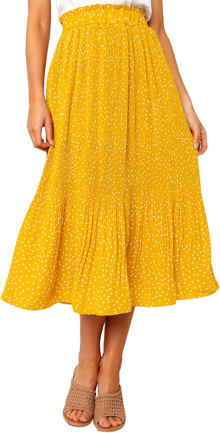 Hoerev Frauen Print Punkt mit Taschen Falten Langer Rock Beach Party Maxi Rock S Gelb Punkt, S Gelb