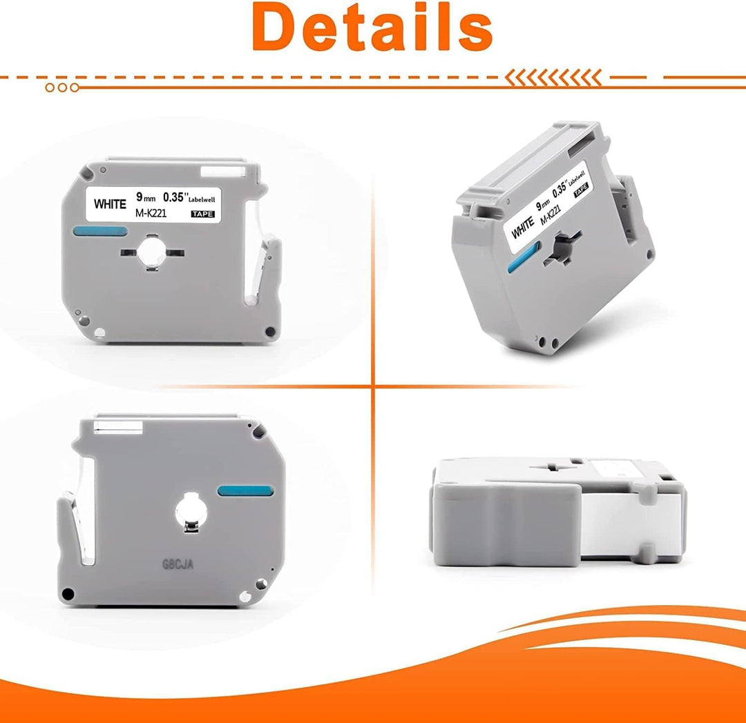 6x Labelwell kompatibel für Brother MK-221 9mm 3/8 White Ersatz für MK-221S MK221 MK221S Schriftband