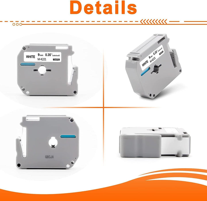 6x Labelwell kompatibel für Brother MK-221 9mm 3/8 White Ersatz für MK-221S MK221 MK221S Schriftband