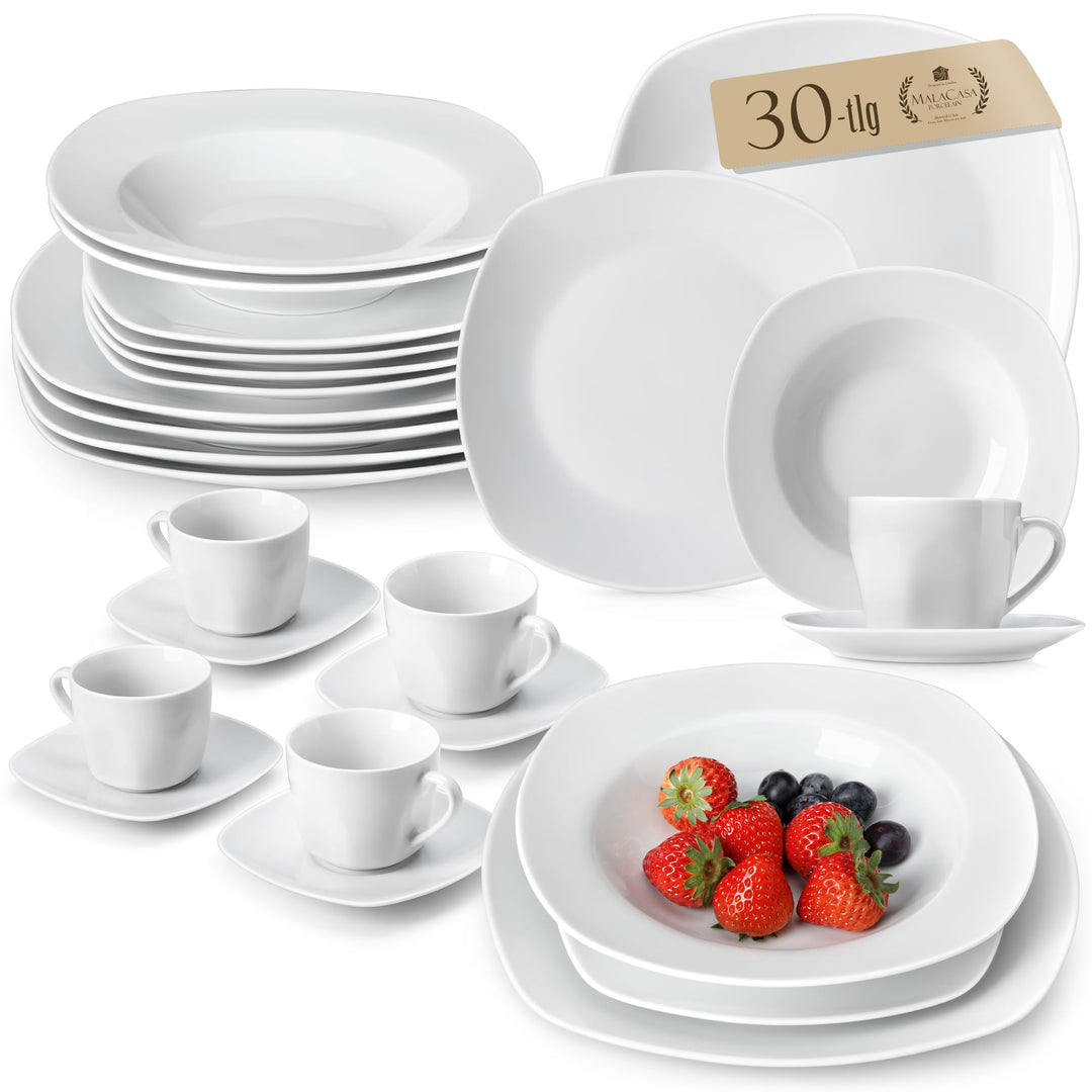 MALACASA, Serie Elisa, Porzellan Tafelservice 30-teilig Kombiservice Rund Geschirrset mit je 6 Kaffe