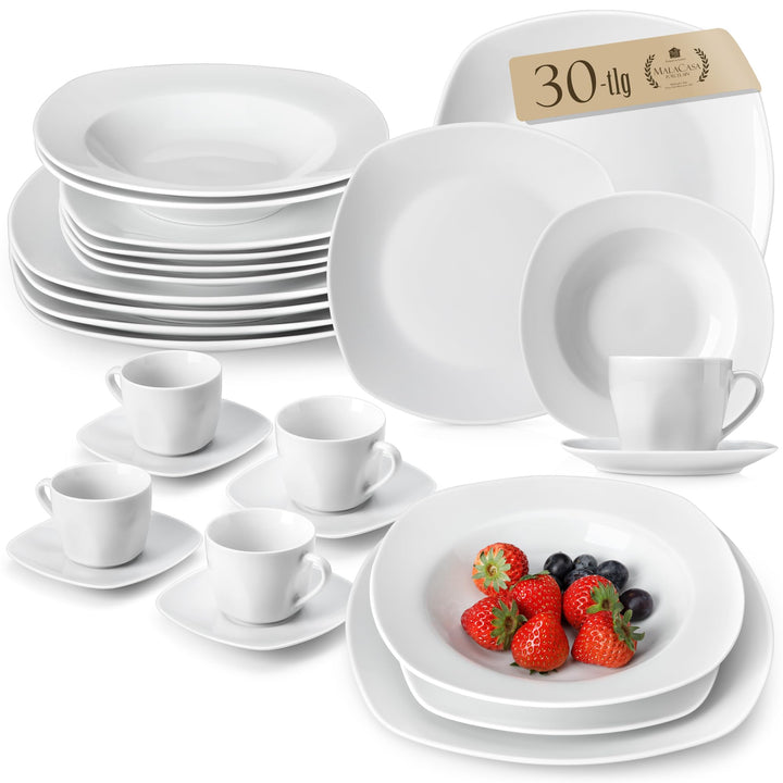 MALACASA, Serie Elisa, Porzellan Tafelservice 30-teilig Kombiservice Rund Geschirrset mit je 6 Kaffe
