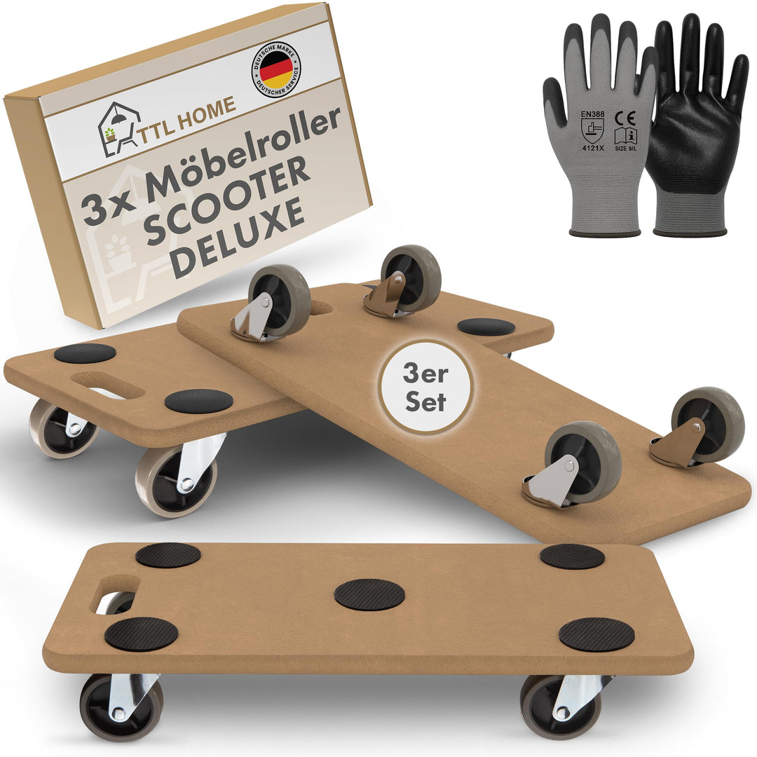 TTL HOME 3er Set Möbelroller SCOOTER DELUXE 58x30x11cm - 250kg Traglast lackiertes Rollbrett Transpo