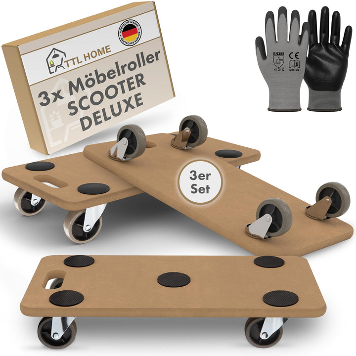 TTL HOME 3er Set Möbelroller SCOOTER DELUXE 58x30x11cm - 250kg Traglast lackiertes Rollbrett Transpo