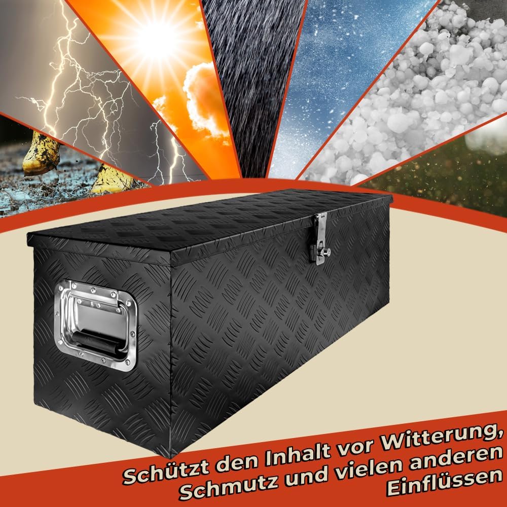 Trucky Truckbox Deichselbox aus Aluminium, in Schwarz, Abschliessbar, Robustes Riffelblech, Für Werk