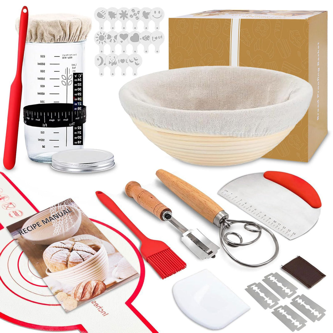 Gärkörbchen Set 25-teilig inkl. Mutterhefe | Rattan Gärkorb 23 cm oval & Rundformen | Komplettes Bro