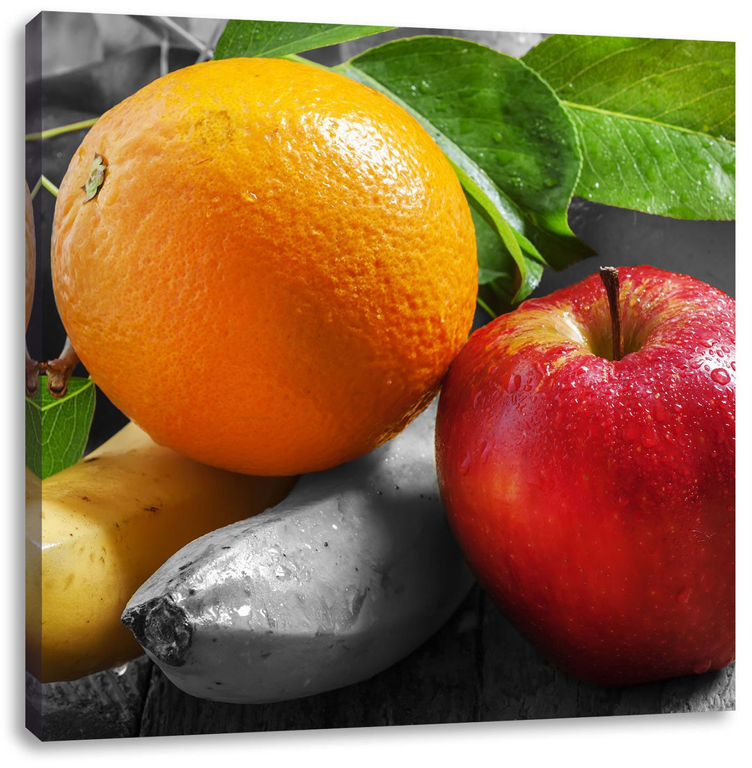 Pixxprint Apfel Banane Orange und Co. schwarz/weiss, Format: 70x70 als Leinwandbild, 70x70