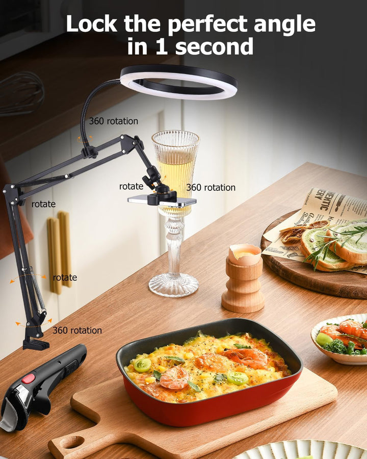 Handy Stativ mit Ringlicht, 10” Overhead Stativ Handy mit Fernsteuerung, Flexibler Tisch Kamera Arm