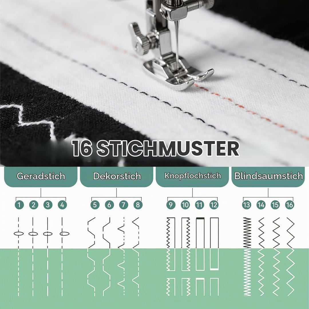 Nähmaschine für Anfänger und Kinder, Qoosea 16 Stichmuster Overlock Nähmaschine Einfach zu Bedienen,